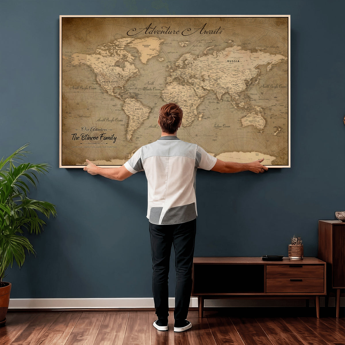59418012-MGV-CV-36X24 - Personalized Framed Beige World Travel Map Wall Art with Pins, Family Travel Tracker, Family Room and Entryway Decor
