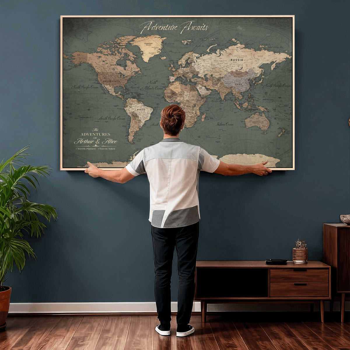 24734446-MGV-CV-36X24 - Personalized Framed Beige Modern World Map Canvas with Push Pins, Bucket List Map, Family Room and Dining Room Decor