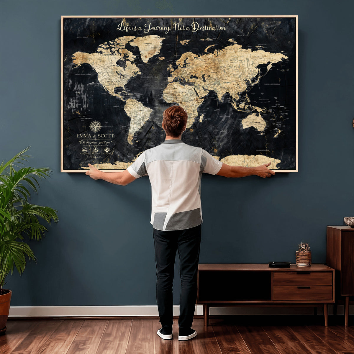 NEWMAP-13-MGV-CV-36X24 - Personalized Framed Navy Modern Push Pin World Map Canvas Print, Couples Countries Visited Map, Family Room and Study Decor