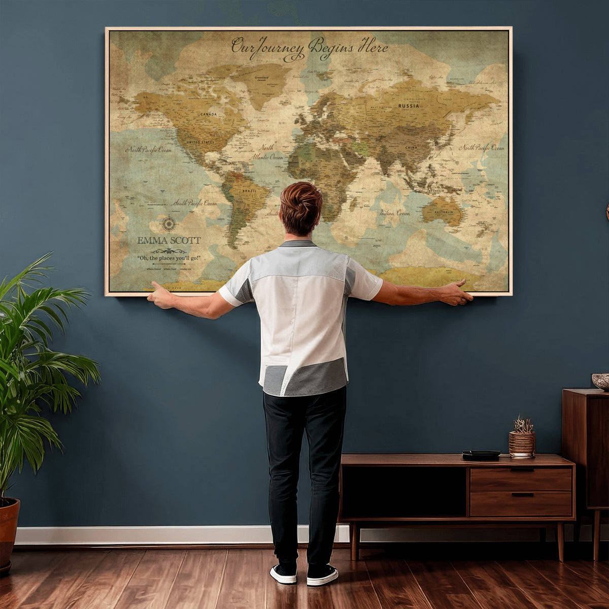 66550749-MGV-CV-36X24 - Custom Push Pin World Map Wall Art Canvas Print | Personalized Travel Tracker with Pins Framed Large for Home and Office Decor