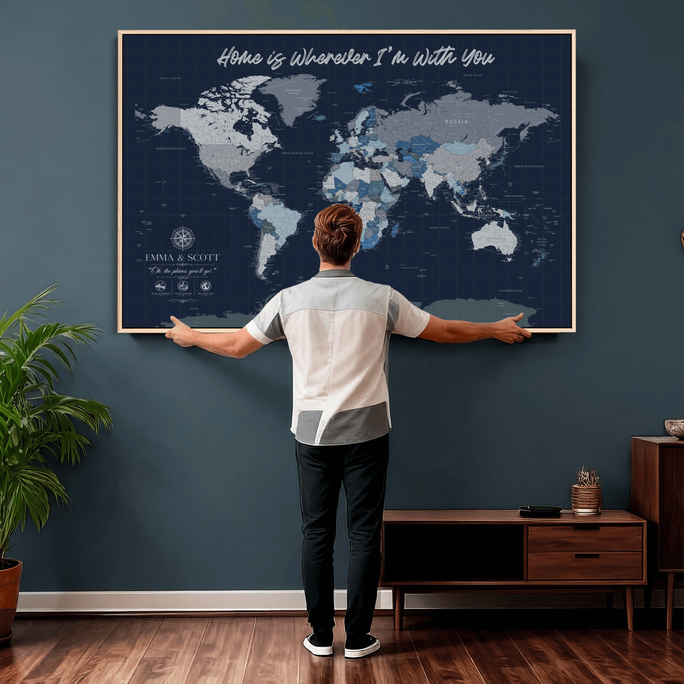 NEWMAP-18-MGV-CV-36X24 - Custom Push Pin World Map Wall Art Canvas Print – Personalized Travel Tracker with Pins Framed Large Print - NEWMAP-18