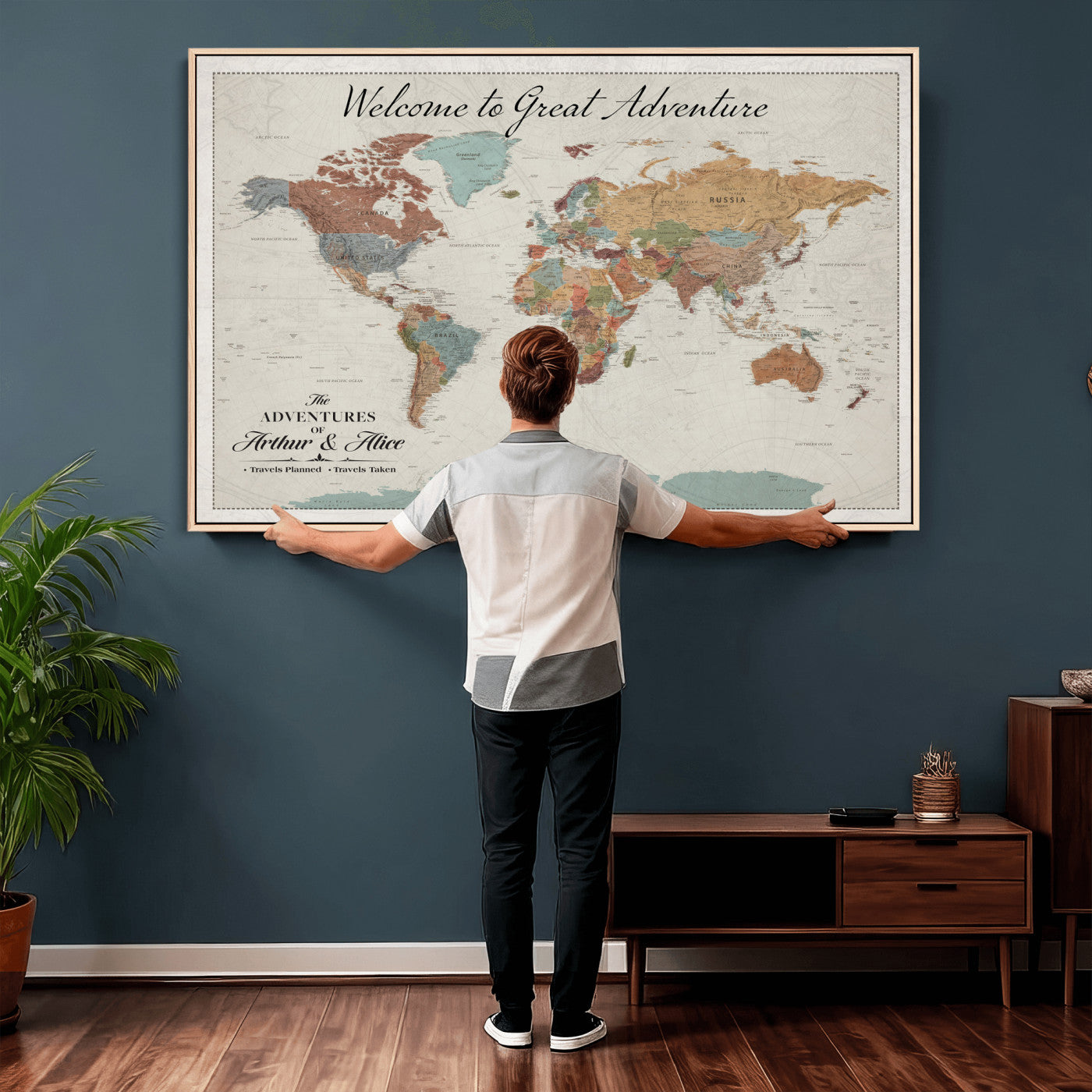 32470528-MGV-CV-36X24 - Custom Push Pin World Map Wall Art Canvas Print – Personalized Travel Tracker with Pins Framed Large for Home and Office Decor