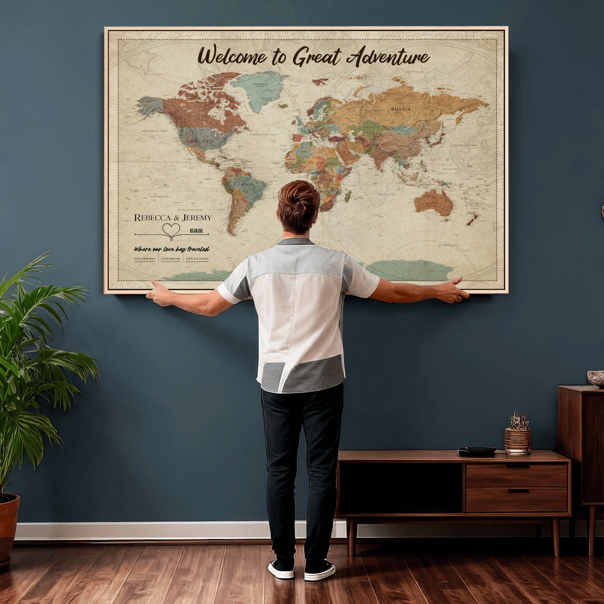44361524-MGV-CV-36X24 - Custom Push Pin World Map Wall Art Canvas Print | Personalized Travel Tracker with Pins Framed Large for Home and Office Decor