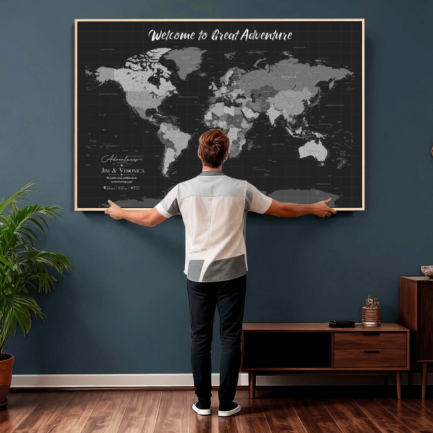 57127599-MGV-CV-36X24 - Custom Push Pin World Map Wall Art Canvas Print – Personalized Travel Tracker with Pins Framed Large for Home and Office Decor