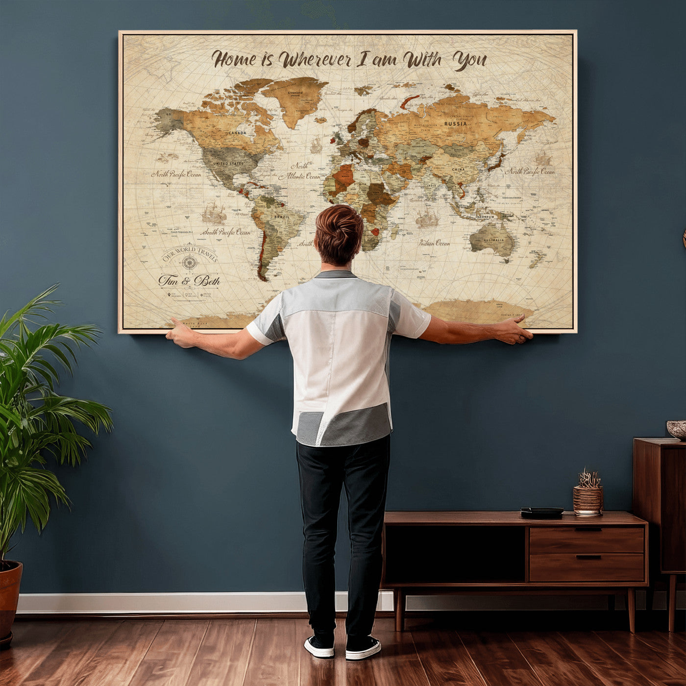 53710338-MGV-CV-36X24 - Custom Push Pin World Map Wall Art Canvas Print – Personalized Travel Tracker with Pins Framed Large for Home and Office Decor
