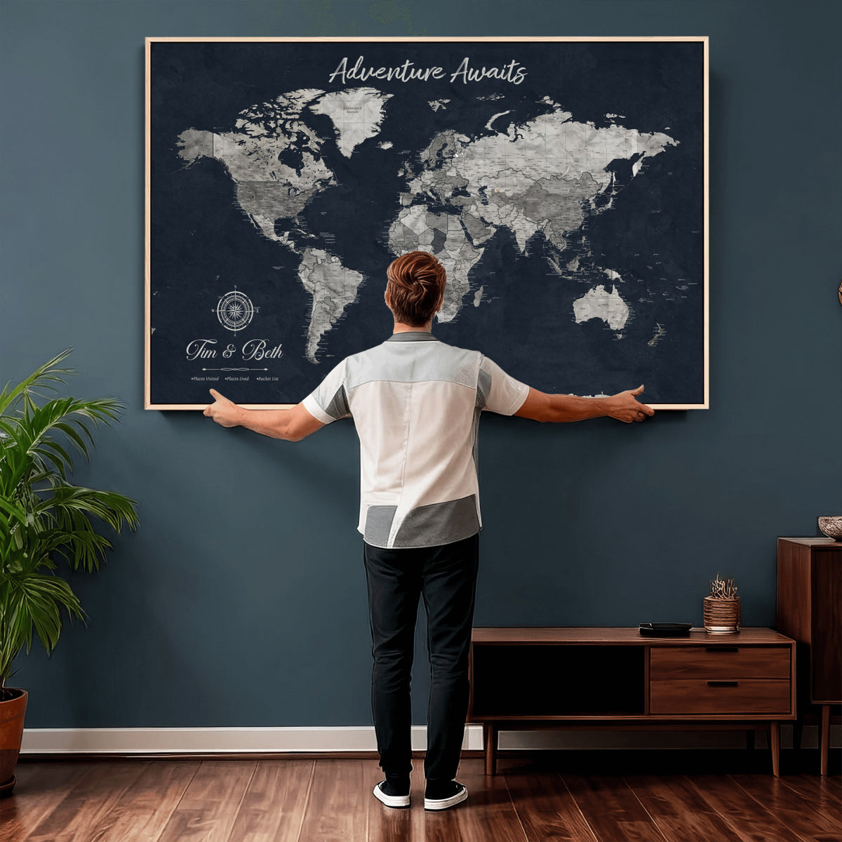 32031089-MGV-CV-36X24 - Custom Push Pin World Map Wall Art Canvas Print | Personalized Travel Tracker with Pins Framed Large for Home and Office Decor