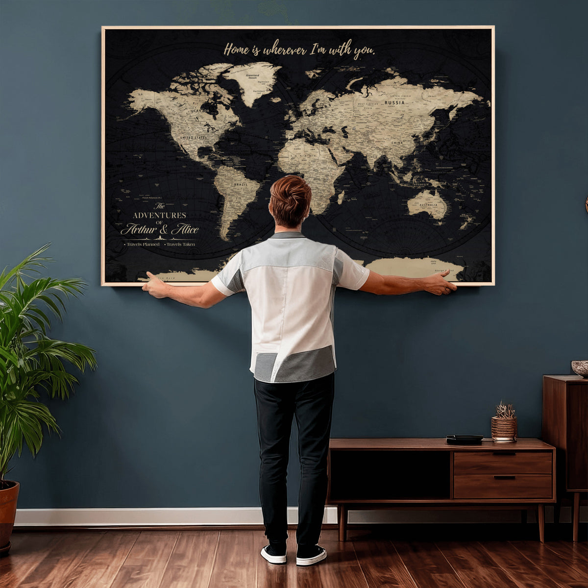 31416046-MGV-CV-36X24 - Custom Framed Beige Vintage Push Pin Travel Map Canvas Print, Honeymoon and Anniversary Gift, Study and Hallway Decor