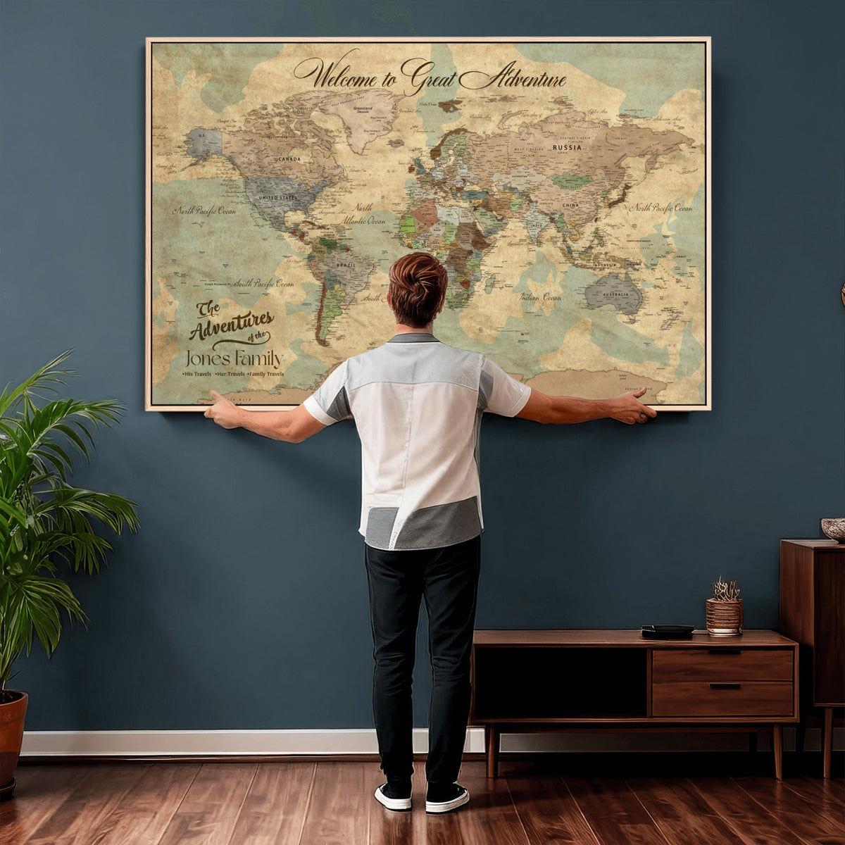38092909-MGV-CV-36X24 - Personalized Framed Navy Vintage Push Pin World Map Wall Art, Places Visited Tracker, Bedroom and Hallway Decor