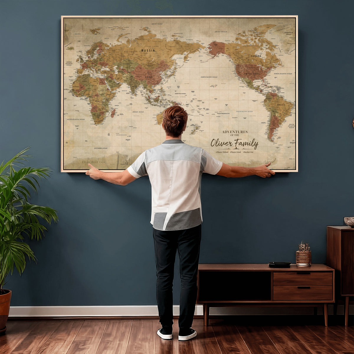 19347393-MGV-CV-36X24 - Personalized Framed Navy Modern World Map Canvas with Push Pins, Bucket List Map, Living Room and Entryway Decor
