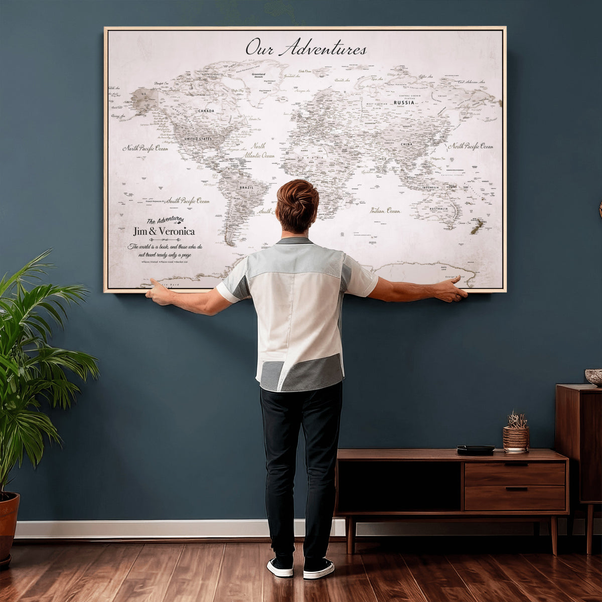 62392749-MGV-CV-36X24 - Personalized Beige Vintage World Travel Map Wall Art with Pins, Honeymoon and Anniversary Gift, Entryway and Hallway Decor