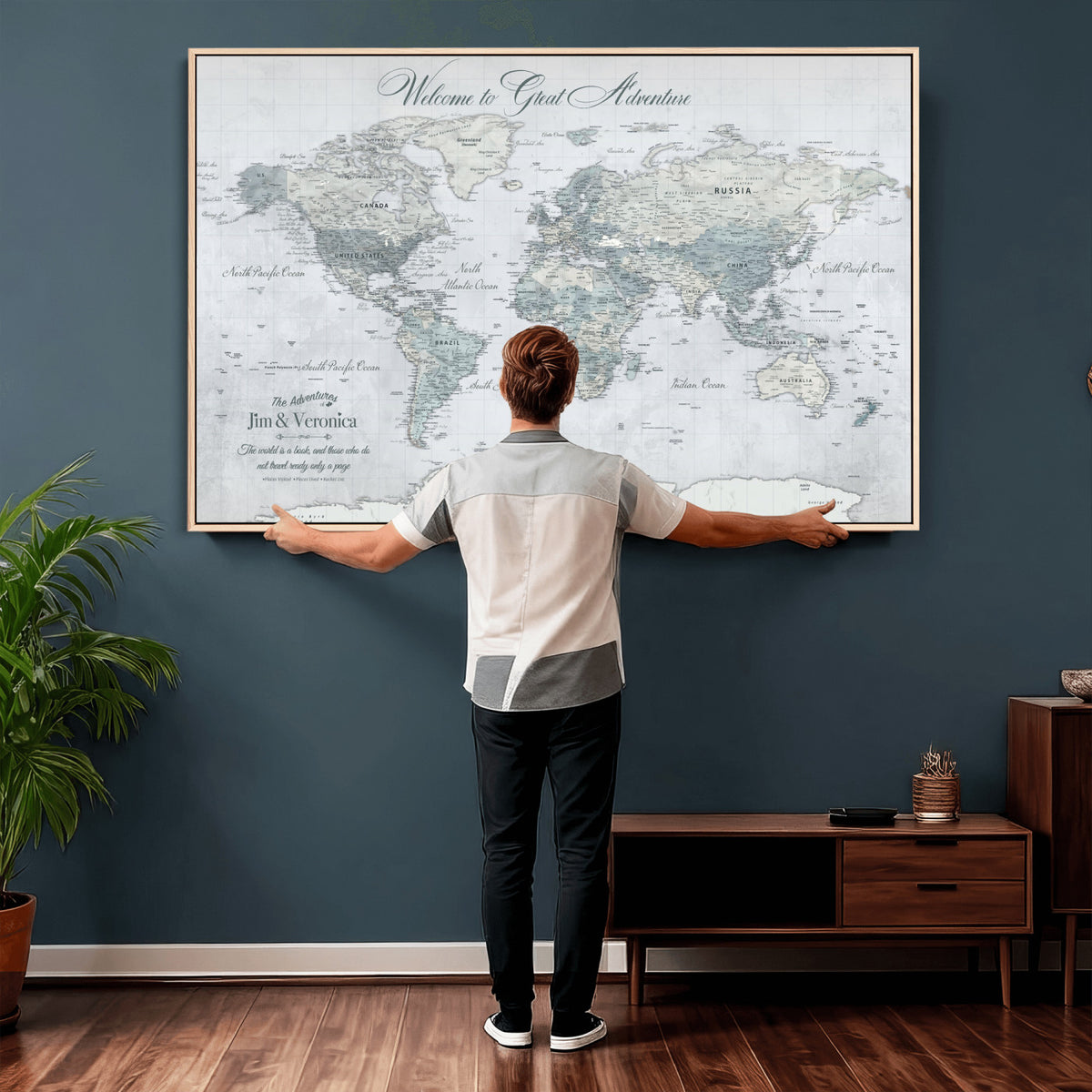 55391088-MGV-CV-36X24 - Personalized Beige Antique Push Pin World Map Canvas Print, Family Travel Tracker, Family Room and Entryway Decor