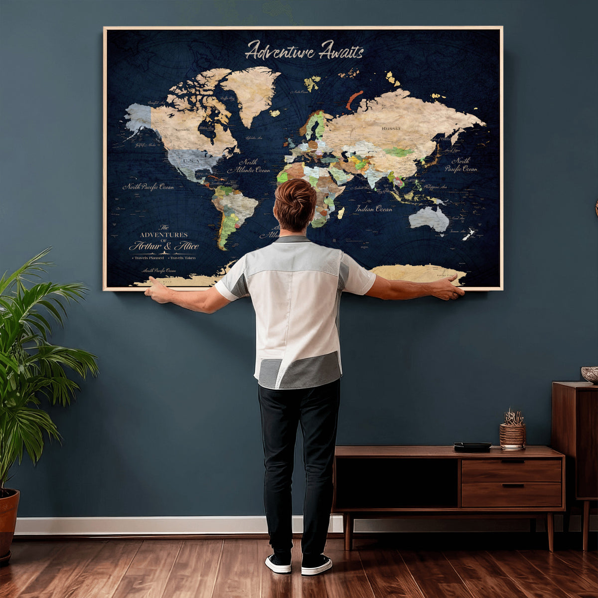 39120422-MGV-CV-36X24 - Personalized Beige Antique Push Pin Travel Map Canvas Print, Bucket List Map, Dining Room and Entryway Decor