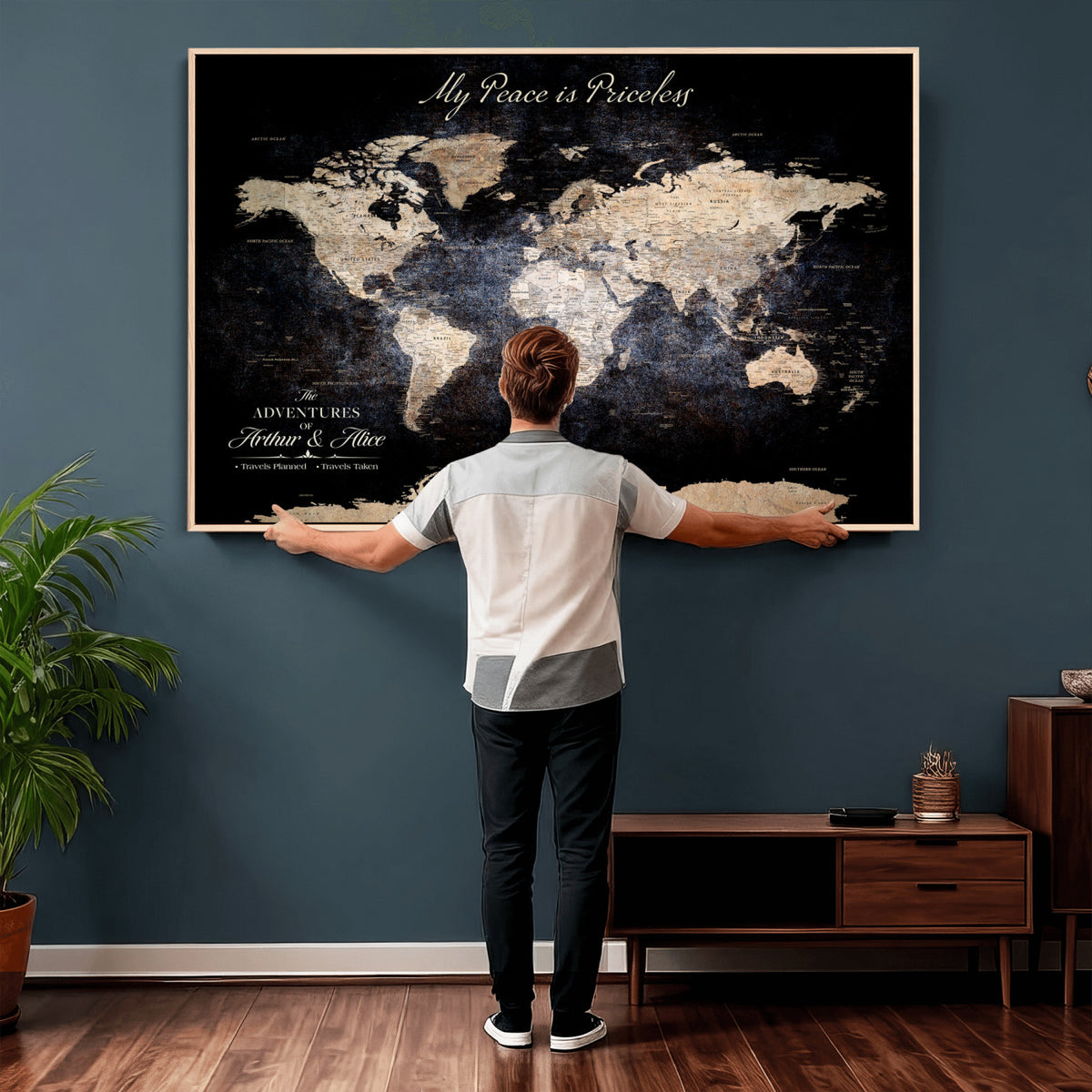 38689152-MGV-CV-36X24 - Personalized Beige World Map Canvas with Push Pins, Couples Countries Visited Map, Study and Hallway Decor