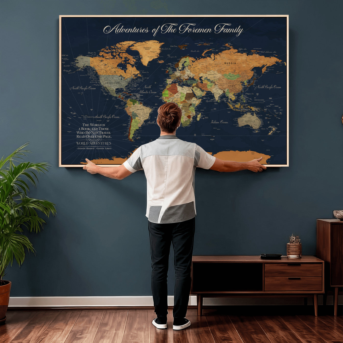 84352304-MGV-CV-36X24 - Custom Push Pin World Map Wall Art Canvas Print – Personalized Travel Tracker with Pins Framed Large for Home and Office Decor