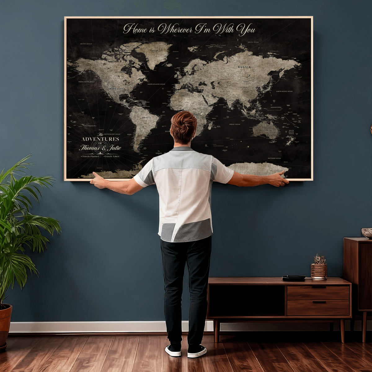 28461537-MGV-CV-36X24 - Personalized Framed Black Geometric World Map Canvas with Push Pins, Bucket List Map, Living Room and Dining Room Decor