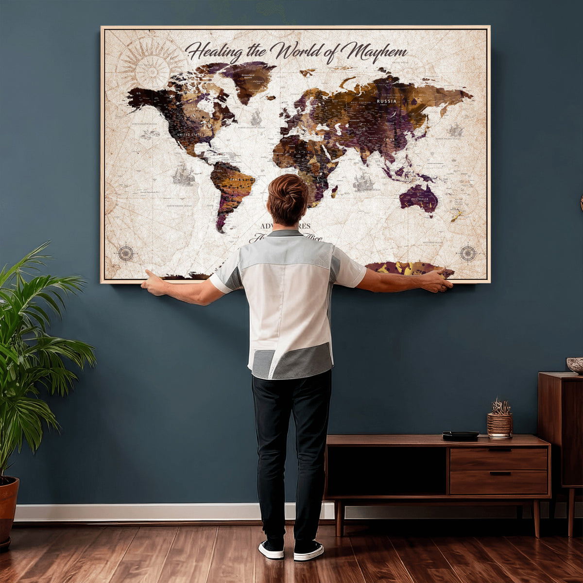 20154714-MGV-CV-36X24 - Custom Push Pin World Map Wall Art Canvas Print | Personalized Travel Tracker with Pins Framed Large for Home and Office Decor