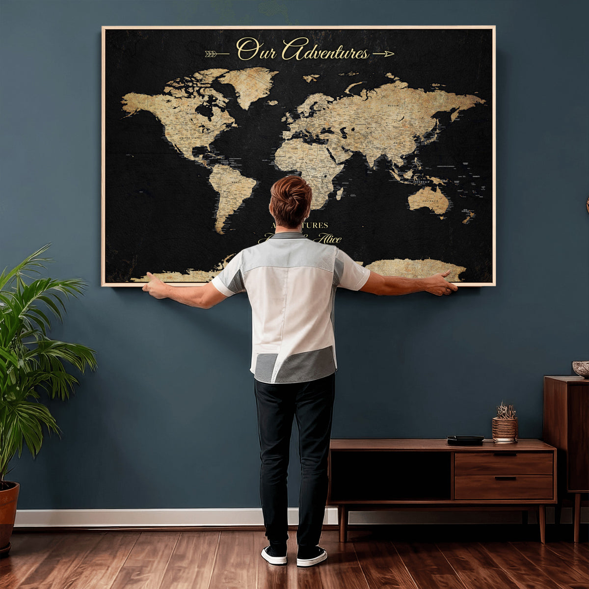 54638998-MGV-CV-36X24 - Custom Push Pin World Map Wall Art Canvas Print | Personalized Travel Tracker with Pins Framed Large for Home and Office Decor