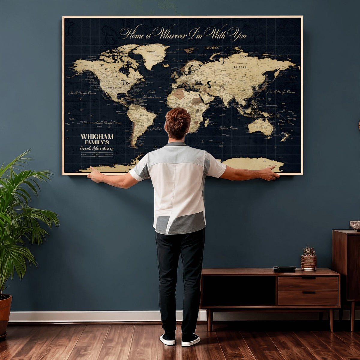 86888698-MGV-CV-36X24 - Custom Push Pin World Map Wall Art Canvas Print | Personalized Travel Tracker with Pins Framed Large for Home and Office Decor