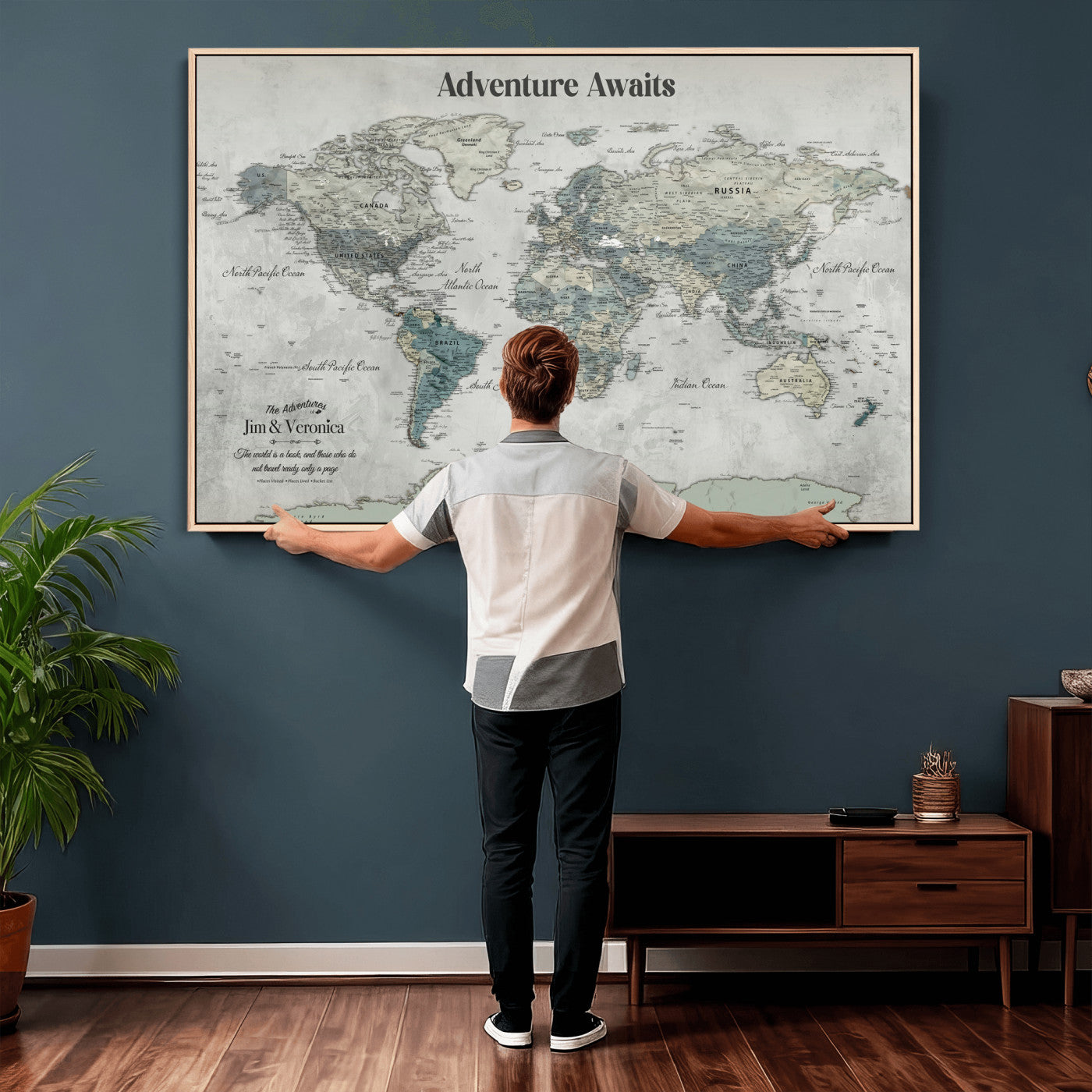 11945570-MGV-CV-36X24 - Custom Push Pin World Map Wall Art Canvas Print – Personalized Travel Tracker with Pins Framed Large for Home and Office Decor