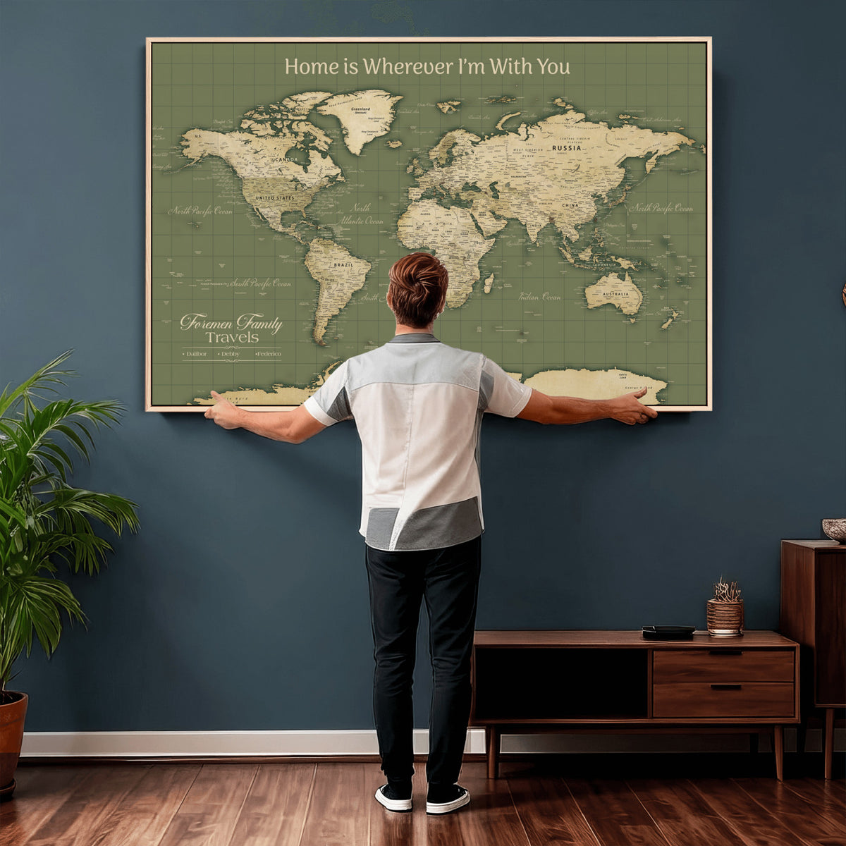 88521244-MGV-CV-36X24 - Custom Push Pin World Map Wall Art Canvas Print | Personalized Travel Tracker with Pins Framed Large for Home and Office Decor