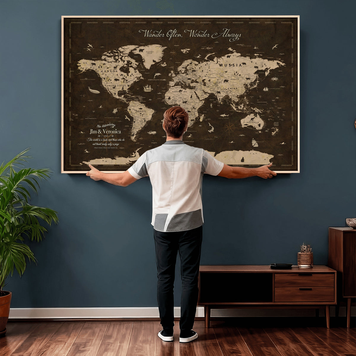 20091587-MGV-CV-36X24 - Custom Push Pin World Map Wall Art Canvas Print | Personalized Travel Tracker with Pins Framed Large for Home and Office Decor
