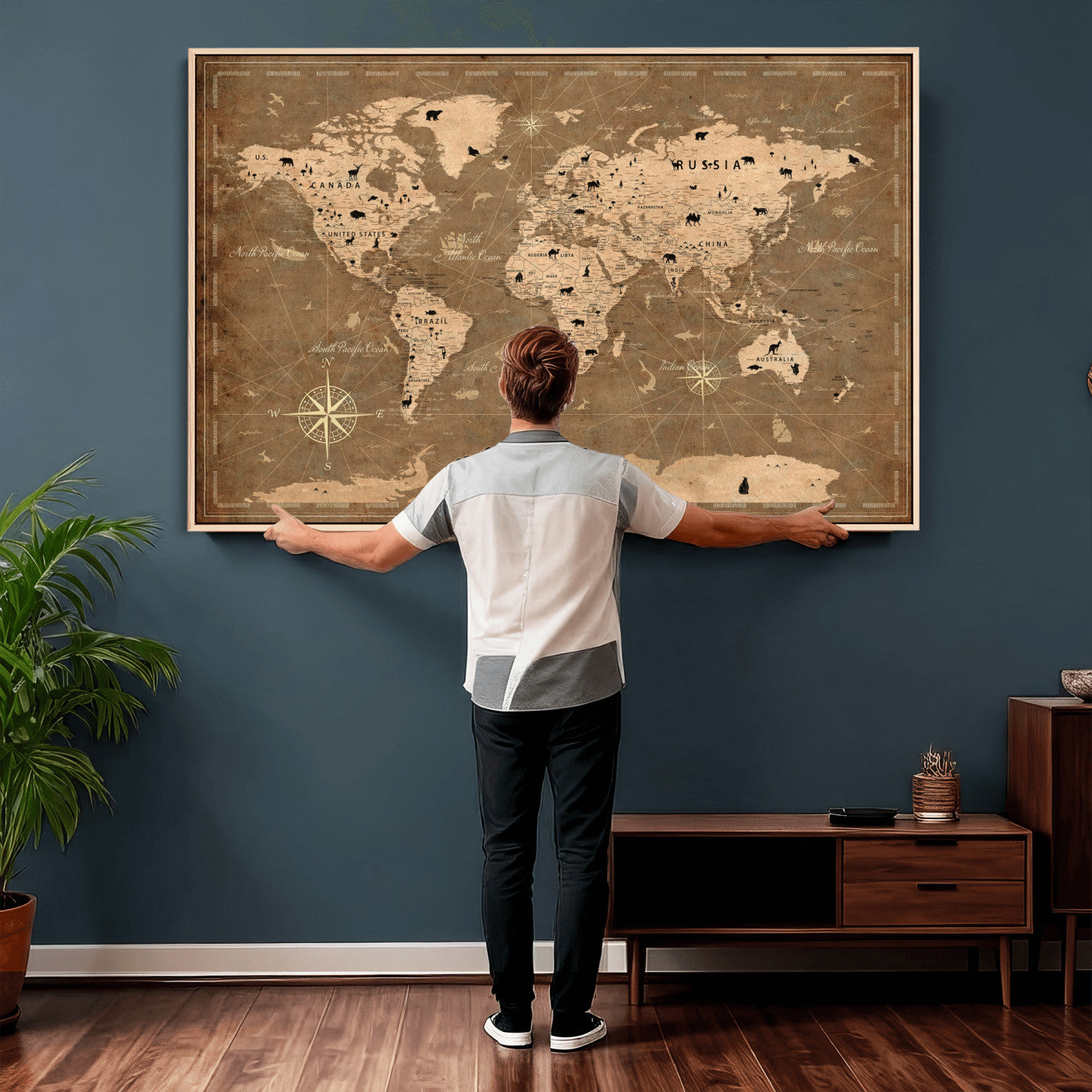16235283-MGV-CV-36X24 - Custom Push Pin World Map Wall Art Canvas Print – Personalized Travel Tracker with Pins Framed Large for Home and Office Decor