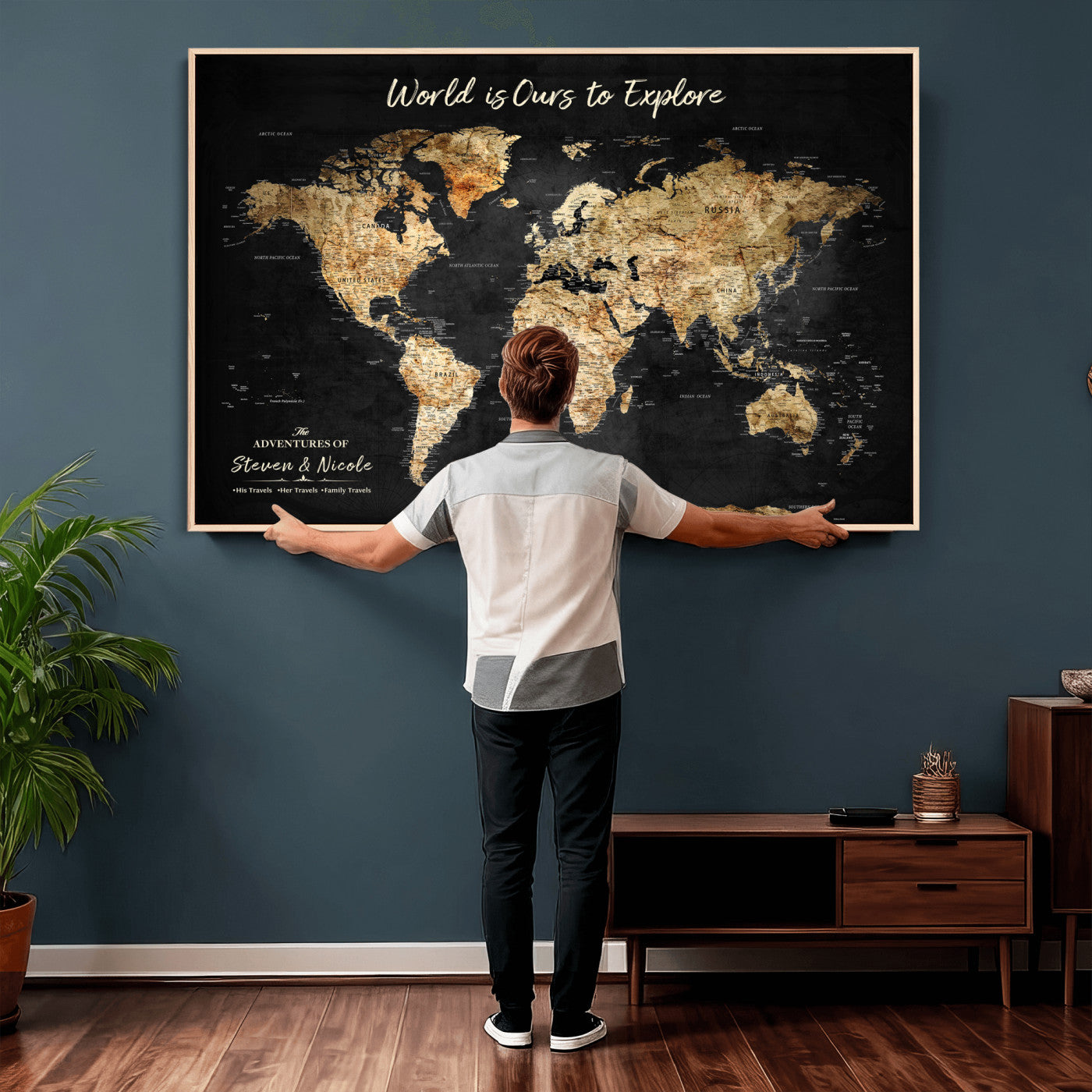 73732636-MGV-CV-36X24 - Custom Push Pin World Map Wall Art Canvas Print – Personalized Travel Tracker with Pins Framed Large for Home and Office Decor