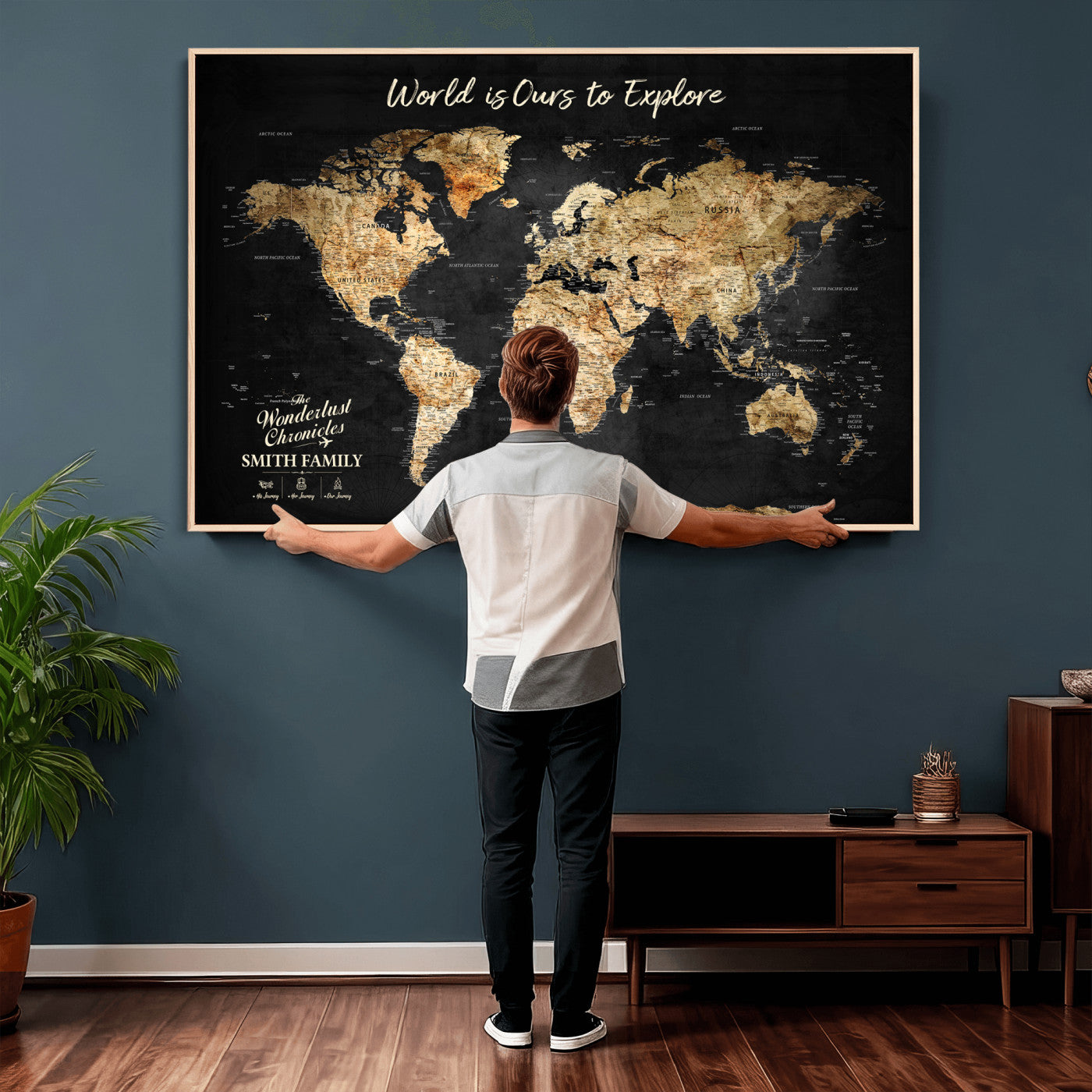 73732636-MGV-CV-36X24 - Custom Push Pin World Map Wall Art Canvas Print – Personalized Travel Tracker with Pins Framed Large for Home and Office Decor