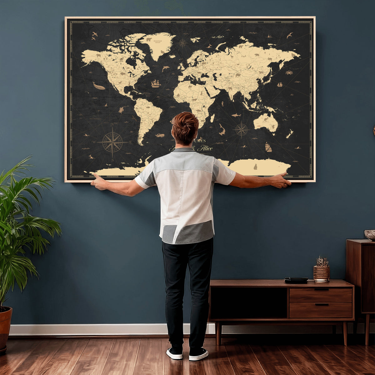 23208482-MGV-CV-36X24 - Custom Push Pin World Map Wall Art Canvas Print | Personalized Travel Tracker with Pins Framed Large for Home and Office Decor