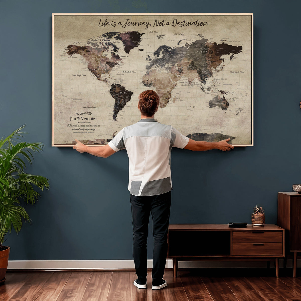 58257942-MGV-CV-36X24 - Custom Push Pin World Map Wall Art Canvas Print | Personalized Travel Tracker with Pins Framed Large for Home and Office Decor