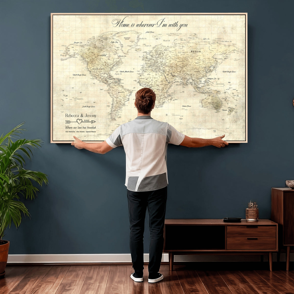 30705590-MGV-CV-36X24 - Custom Push Pin World Map Wall Art Canvas Print | Personalized Travel Tracker with Pins Framed Large for Home and Office Decor