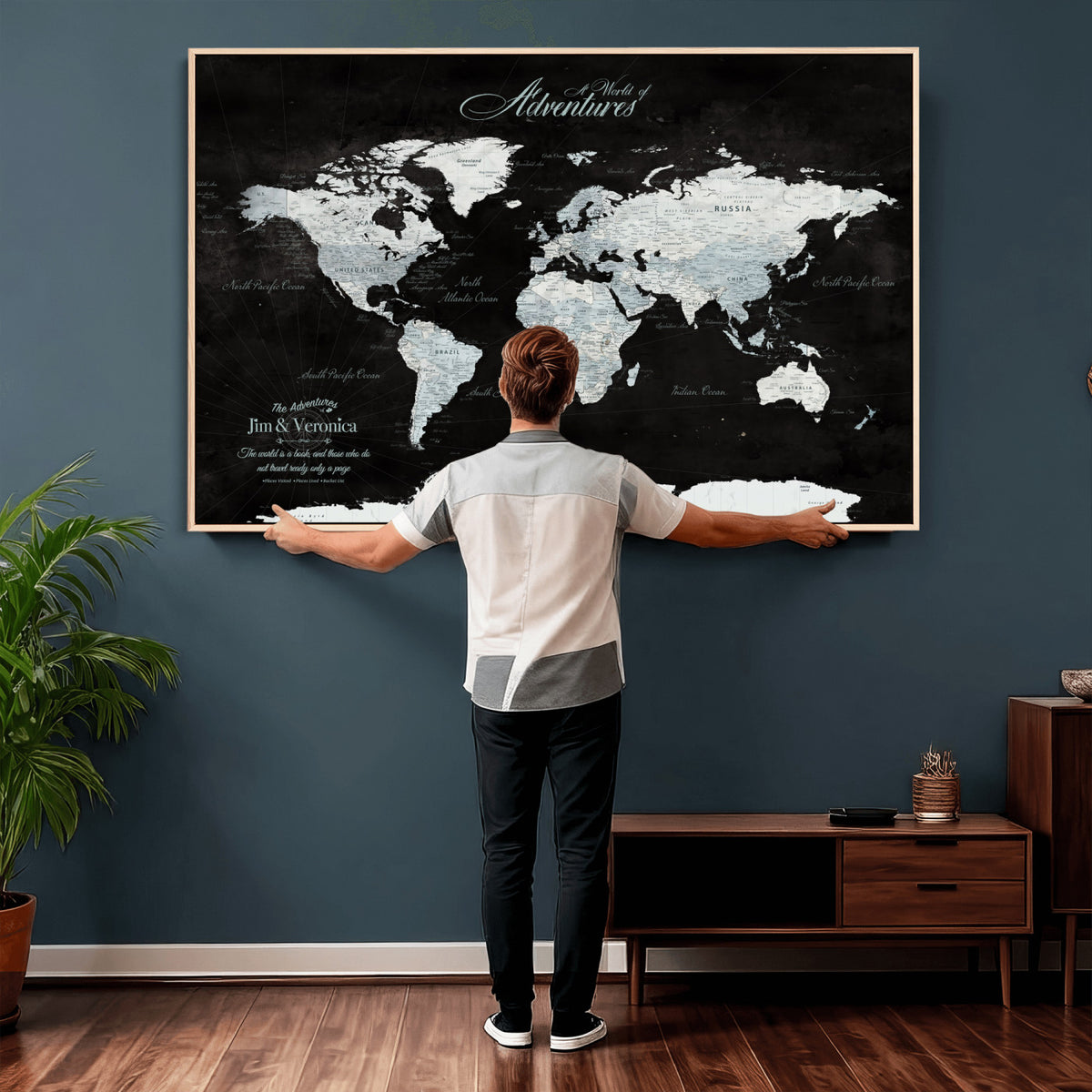67491071-MGV-CV-36X24 - Custom Beige World Travel Map Wall Art with Pins, Places Visited Tracker, Bedroom and Home Office Decor