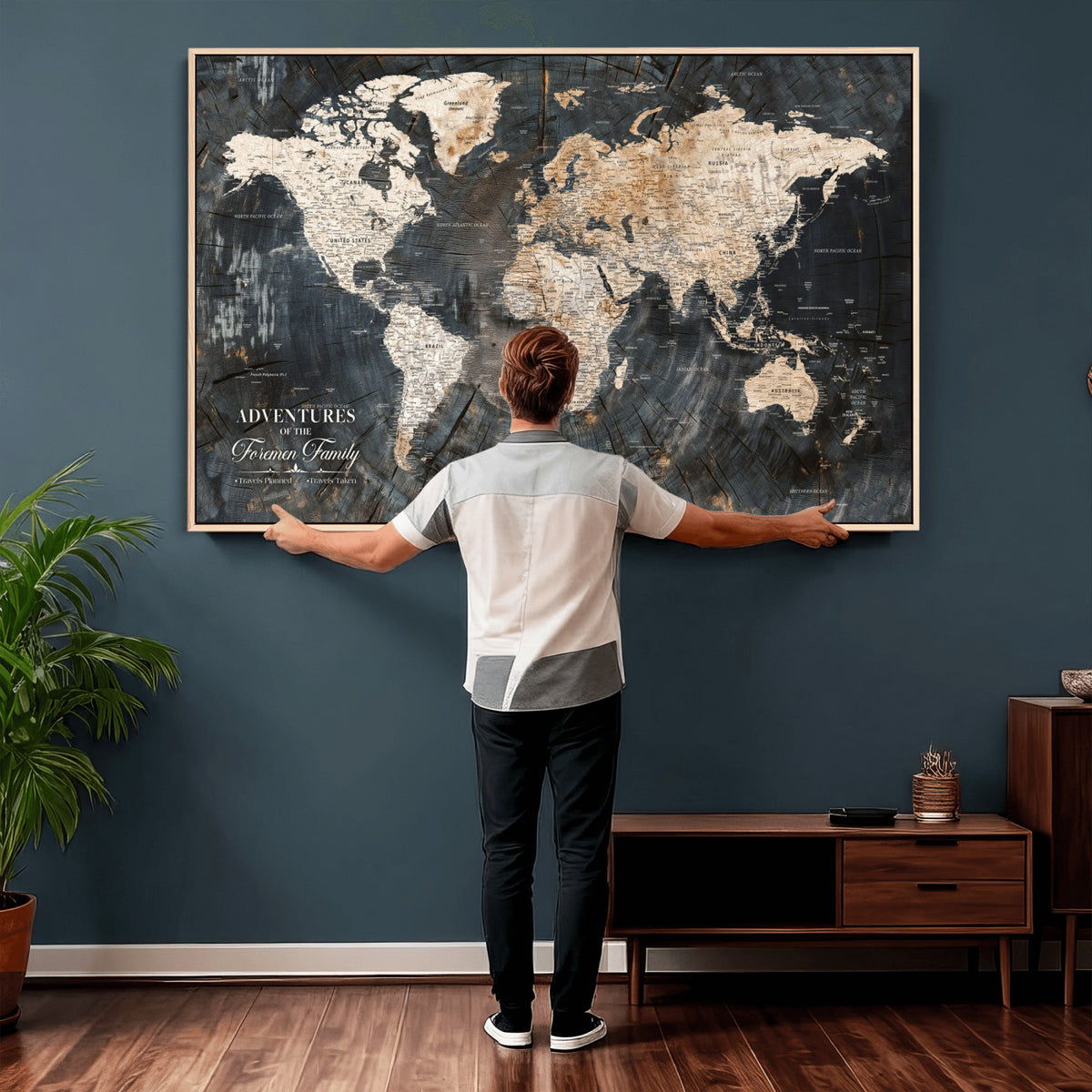 77865338-MGV-CV-36X24 - Personalized Framed Beige Push Pin World Map Canvas Print, Bucket List Map, Living Room and Hallway Decor