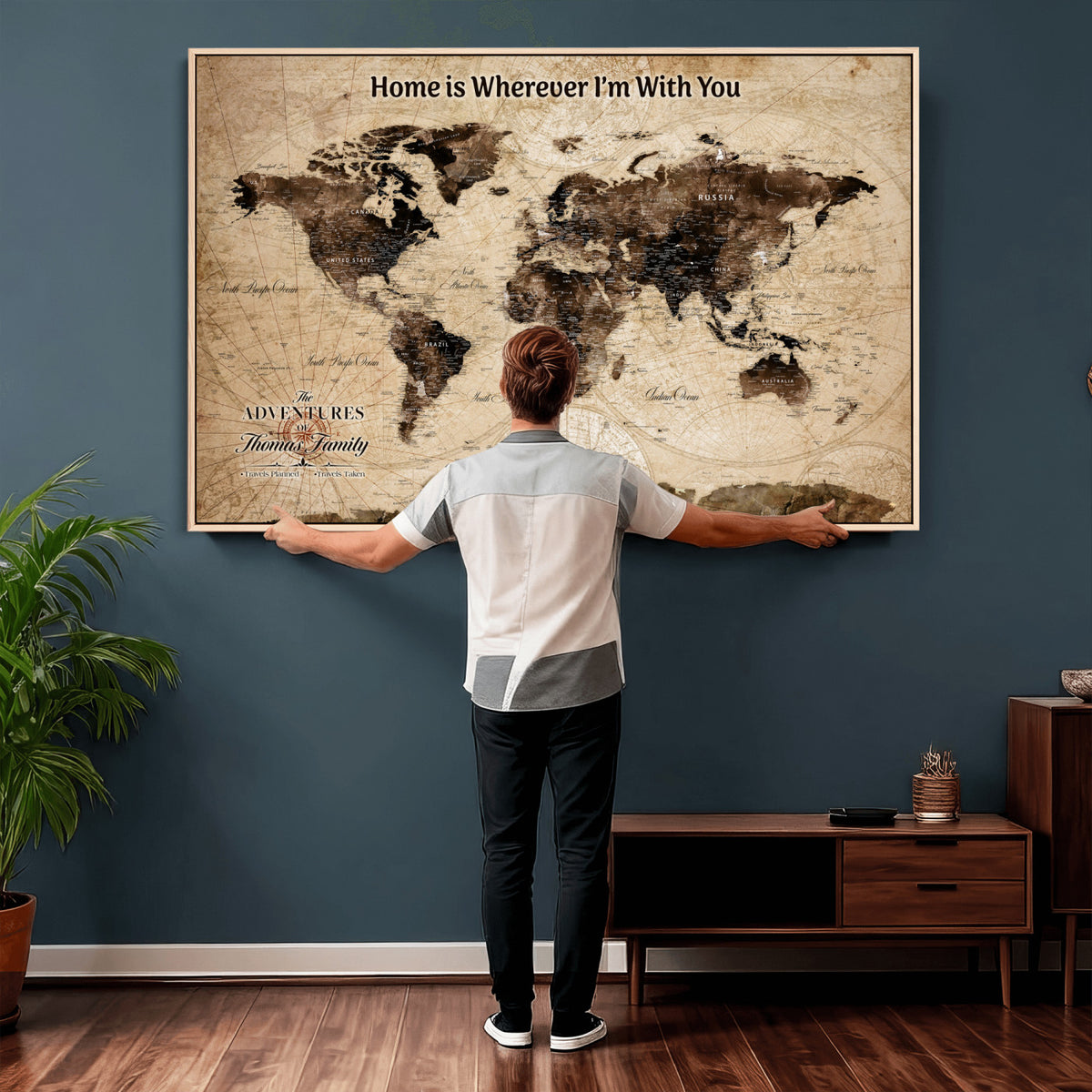 74771891-MGV-CV-36X24 - Personalized Framed Beige Modern World Travel Map Wall Art with Pins, Family Adventure Map, Living Room and Hallway Decor