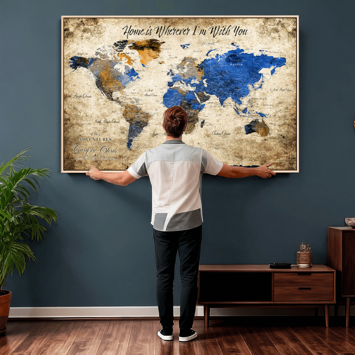 13332533-MGV-CV-36X24 - Personalized Framed Beige World Map Canvas with Push Pins, Honeymoon and Anniversary Gift, Living Room and Home Office Decor
