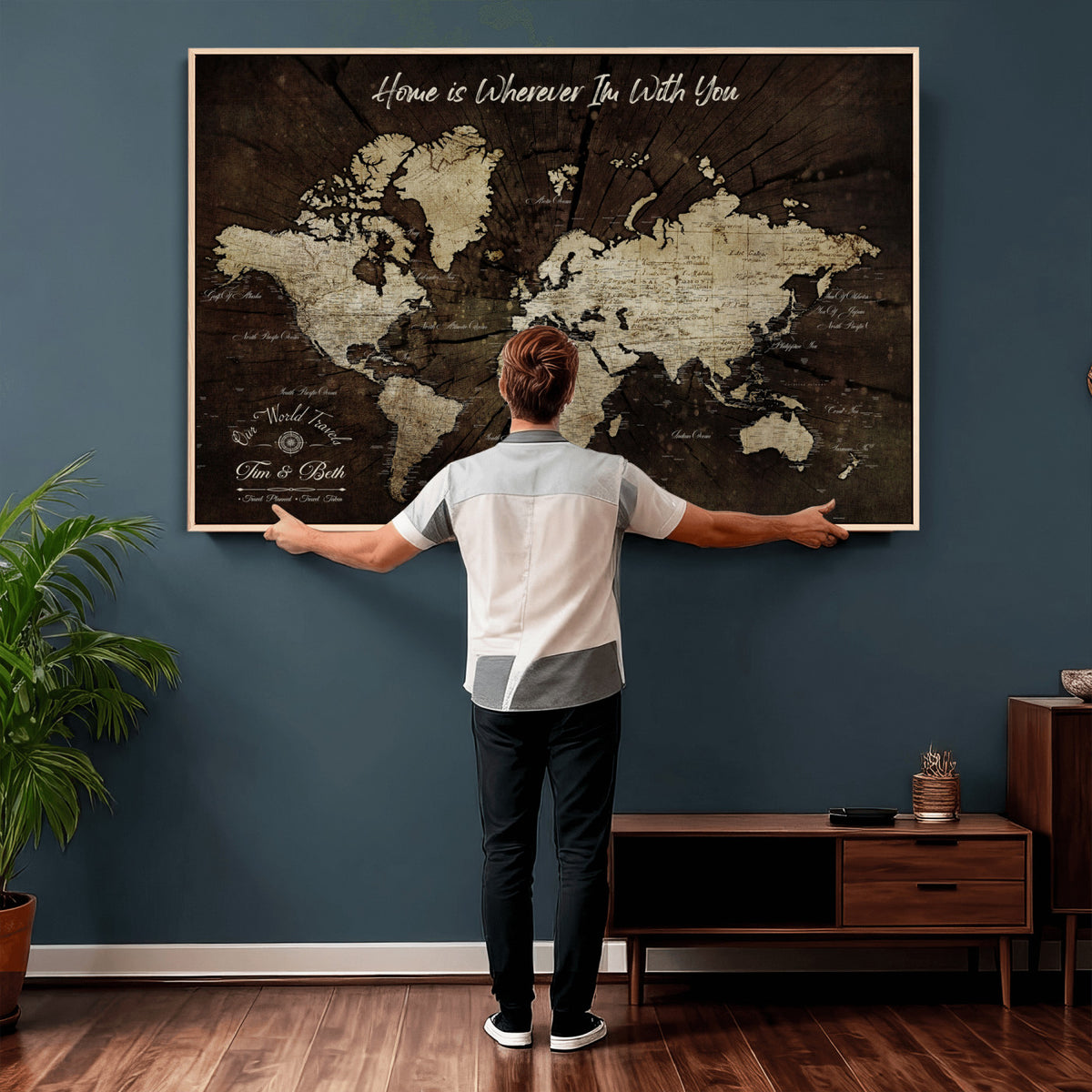 46573259-MGV-CV-36X24 - Personalized Watercolor Push Pin World Map Canvas Wall Art, Custom Framed Travel Map - NEWMAP-094