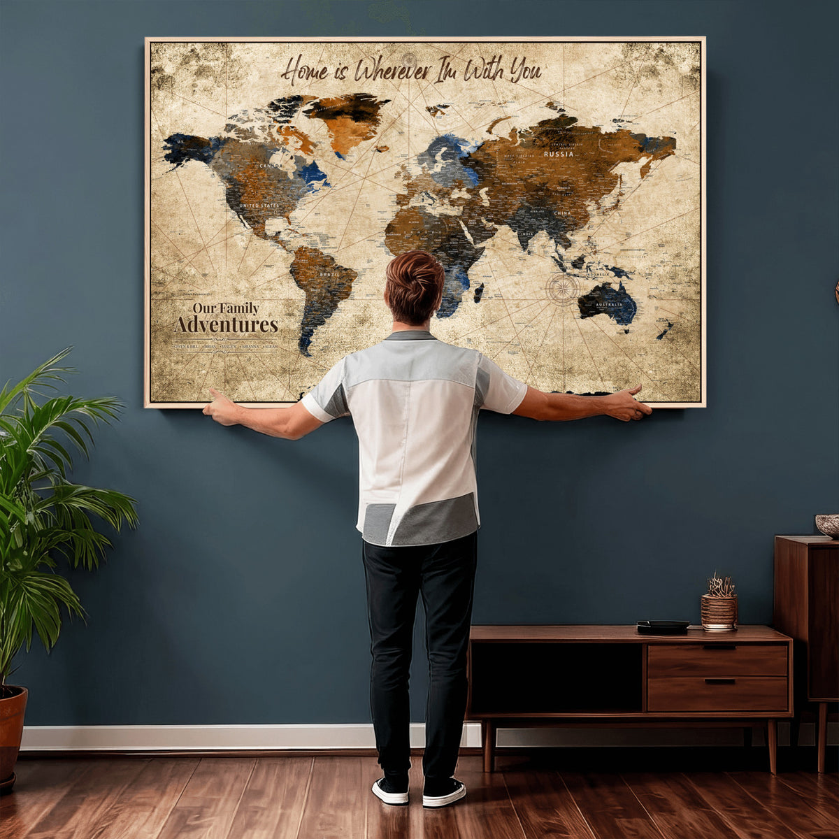 17548029-MGV-CV-36X24 - Personalized Framed Beige Modern Push Pin World Map Canvas Print, Bucket List Map, Home Office and Study Decor
