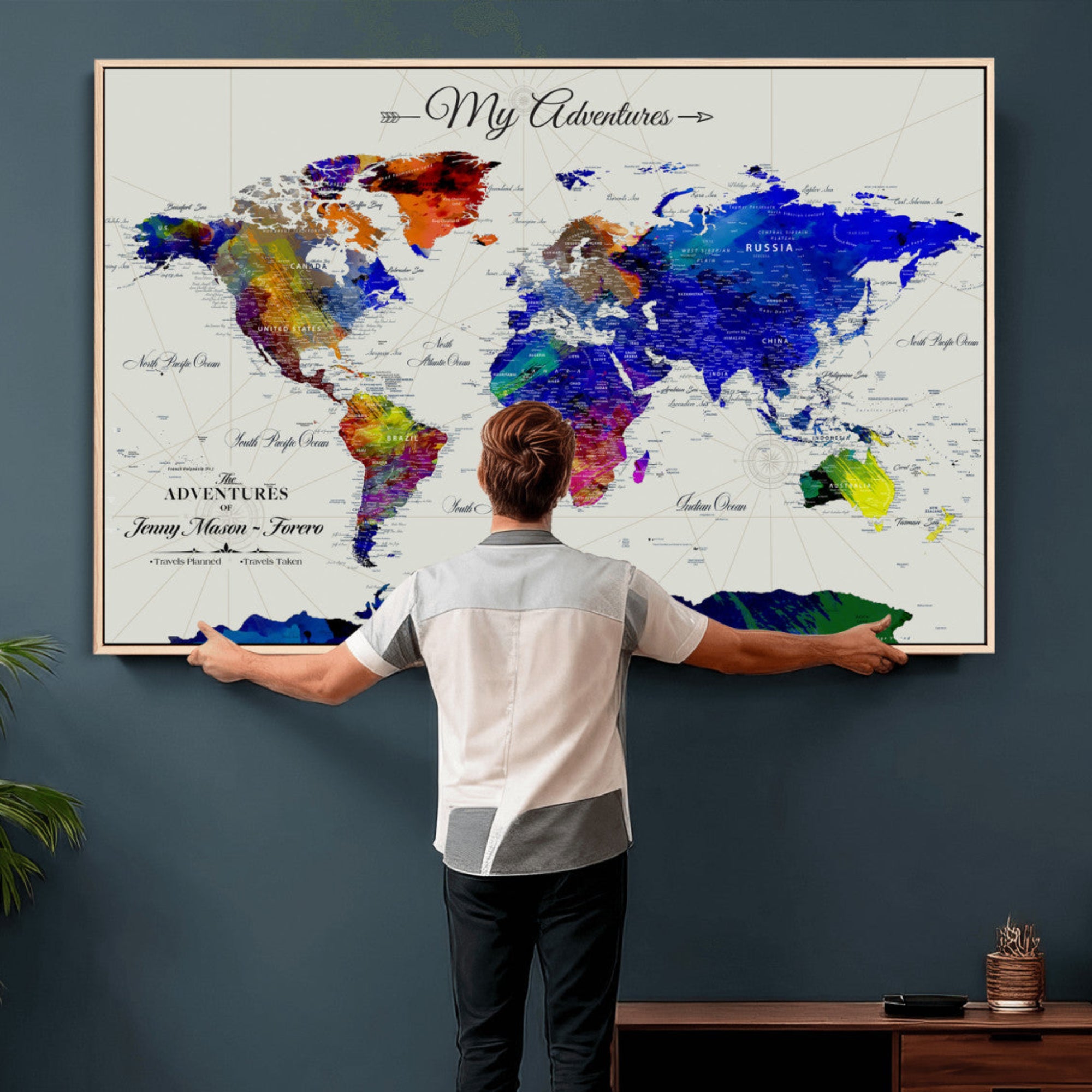 45423989-MGV-CV-36X24 - Custom Push Pin World Map Wall Art Canvas Print – Personalized Travel Tracker with Pins Framed Large for Home and Office Decor