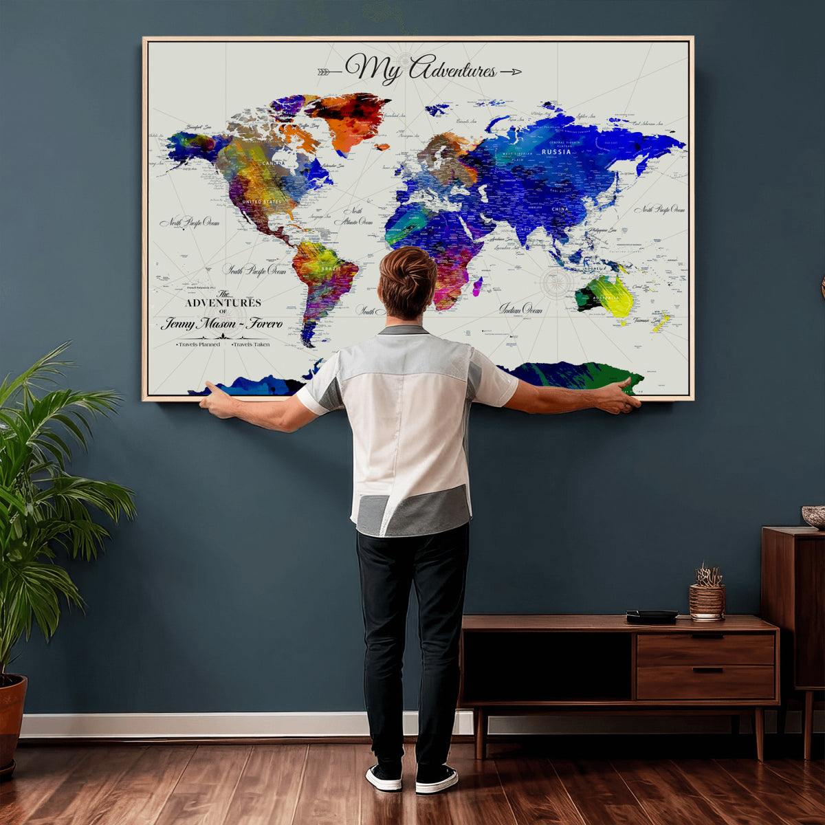 45423989-MGV-CV-36X24 - Detailed Custom Framed Beige Modern World Map Canvas with Push Pins, Honeymoon and Anniversary Gift, Dining Room and Home Office Decor