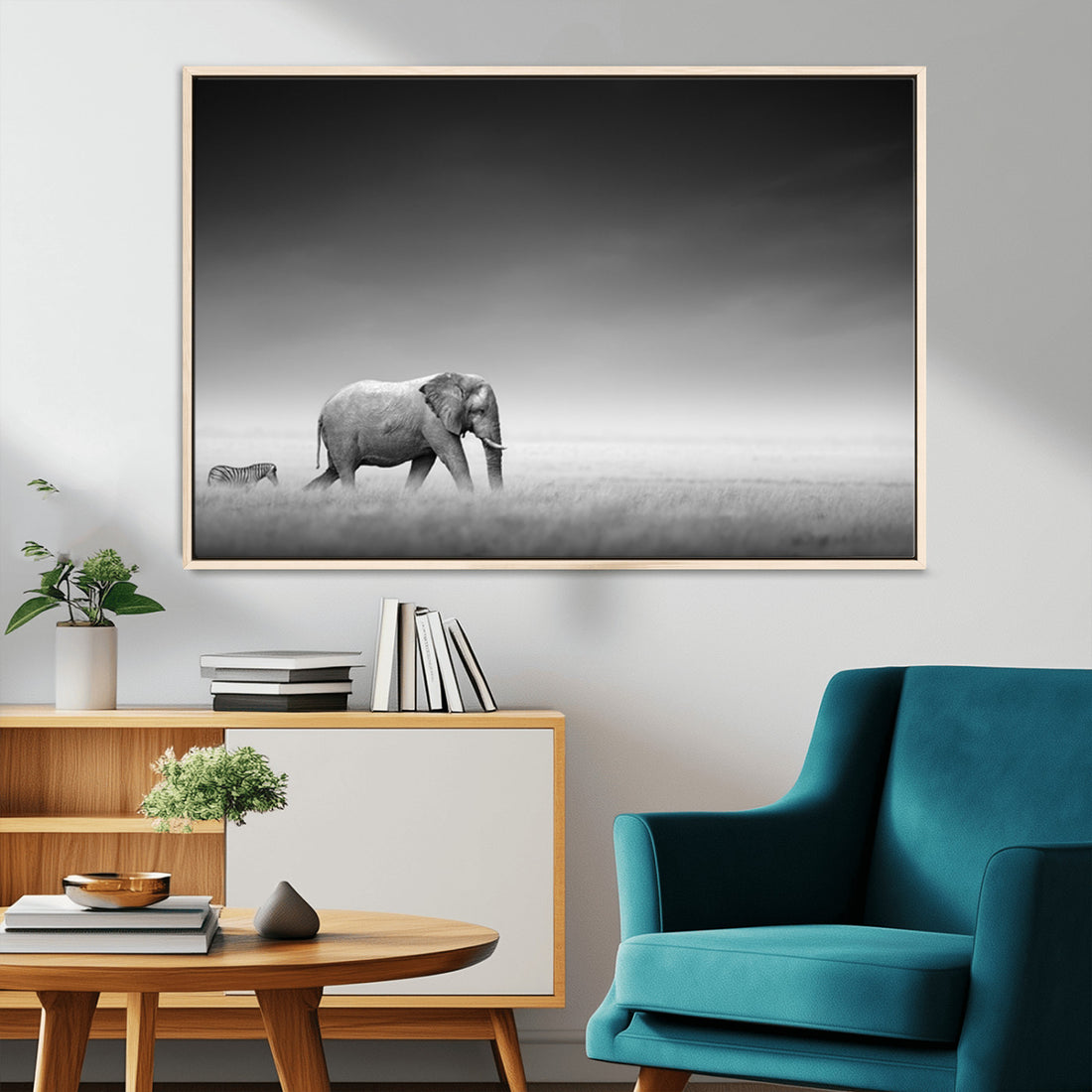 Elephant and Zebra Wall Art Canvas Print, Modern Artwork