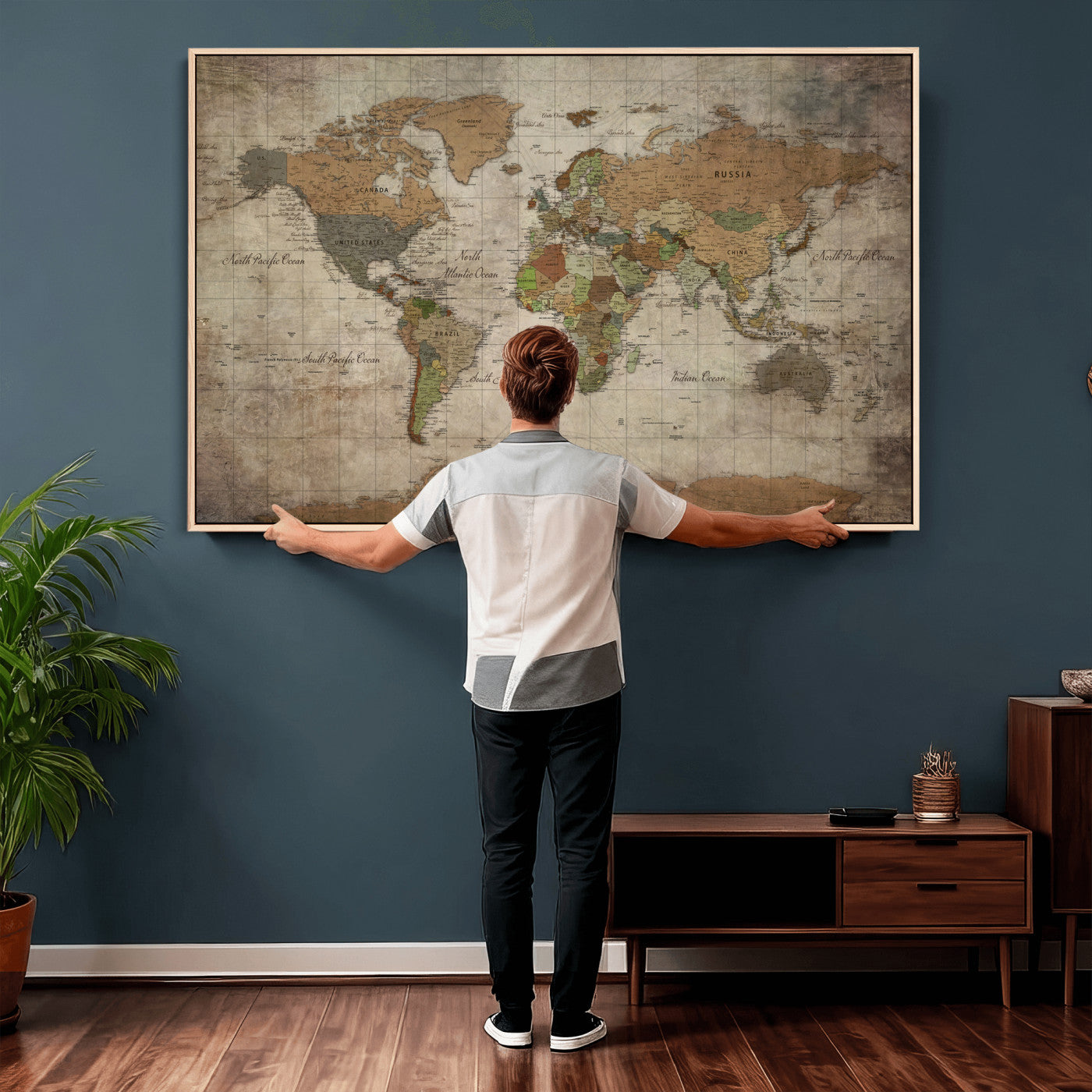 20356264-MGV-CV-36X24 - World Map Wall Art Canvas Print, Modern Decorative Framed Map Artwork Prints for Living Room, Office, Bedroom Wall Decor
