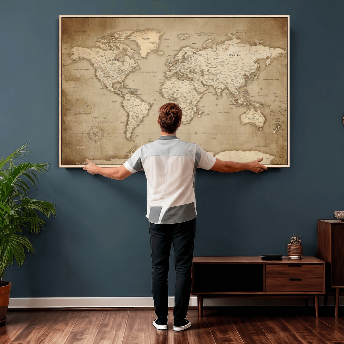 34795134-MGV-CV-36X24 - World Map Wall Art Canvas Print, Modern Decorative Framed Map Artwork Prints for Living Room, Office, Bedroom Wall Decor