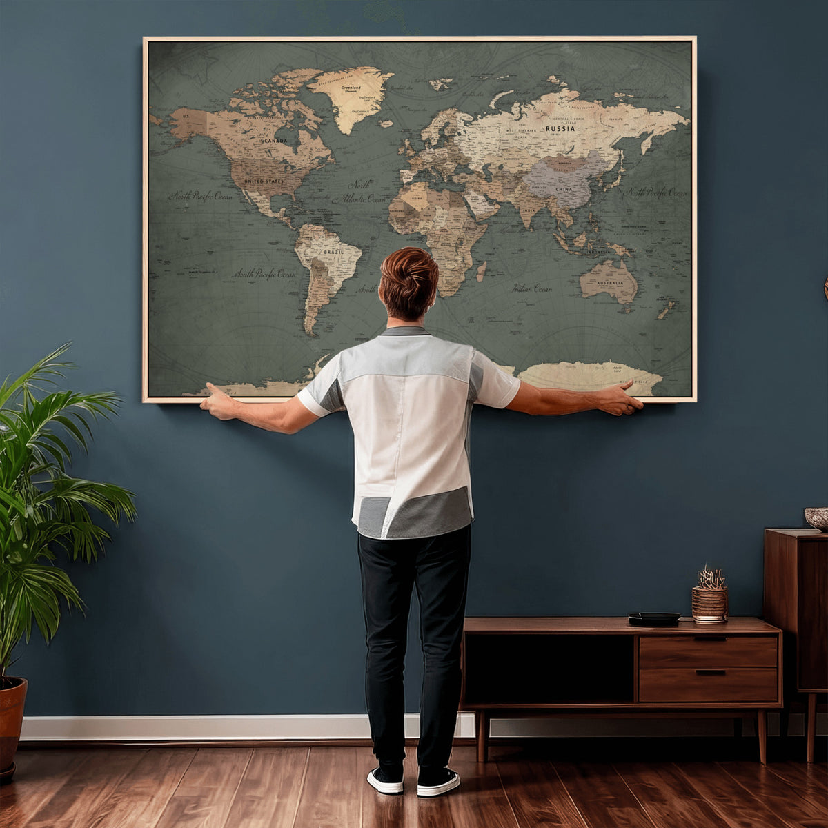 84619399-MGV-CV-36X24 - World Map Wall Art Canvas Print, Modern Decorative Framed Map Artwork Prints for Living Room, Office, Bedroom Wall Decor