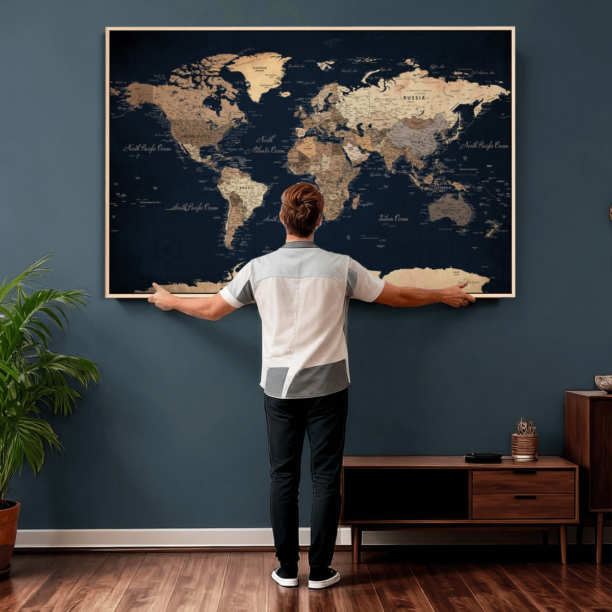 53971530-MGV-CV-36X24 - World Map Wall Art Canvas Print, Modern Decorative Framed Map Artwork Prints for Living Room, Office, Bedroom Wall Decor