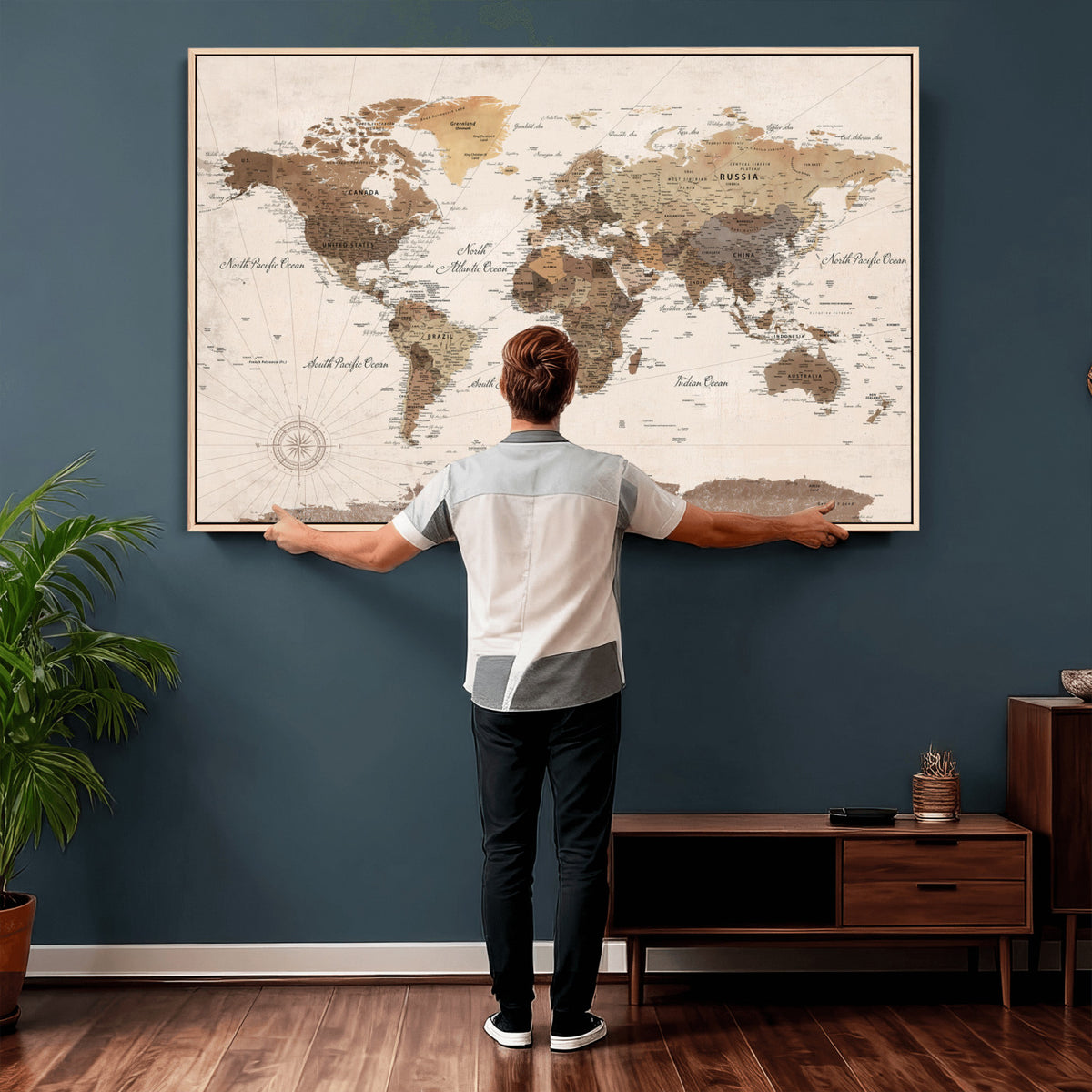 69860078-MGV-CV-36X24 - World Map Wall Art Canvas Print, Modern Decorative Framed Map Artwork Prints for Living Room, Office, Bedroom Wall Decor