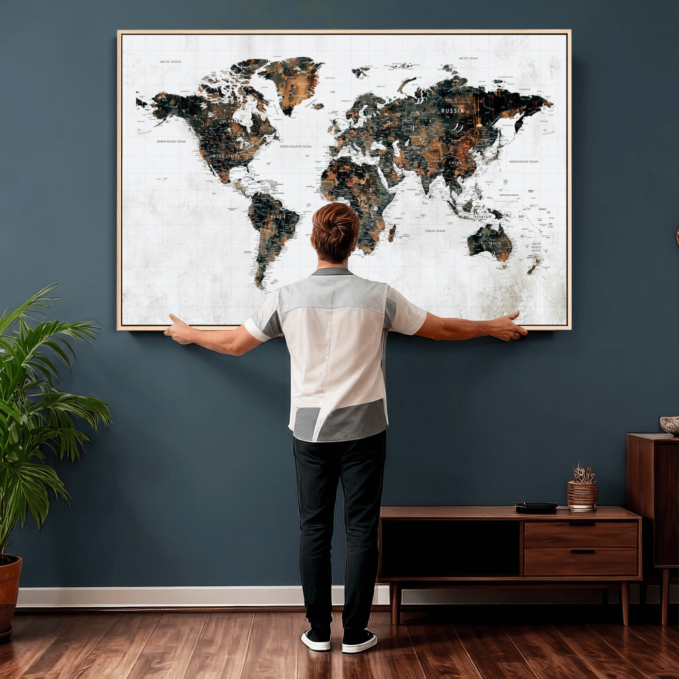 60008766-MGV-CV-36X24 - World Map Wall Art Canvas Print, Modern Decorative Framed Map Artwork Prints for Living Room, Office, Bedroom Wall Decor