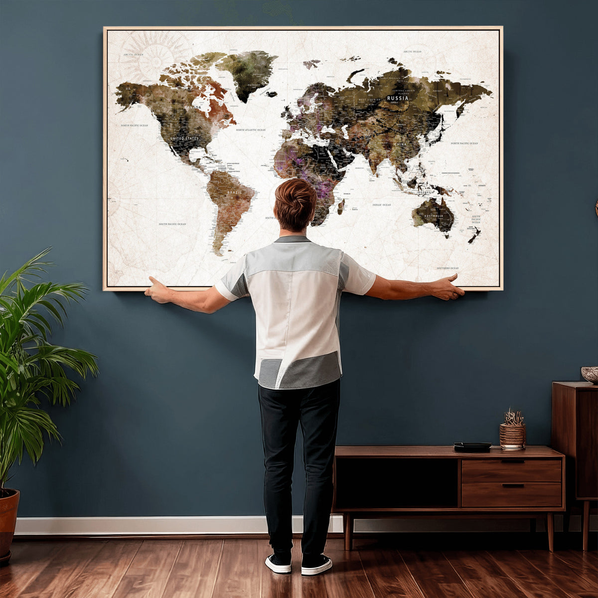 77651968-MGV-CV-36X24 - Watercolor World Map Print - Large Wall Art Canvas Print for