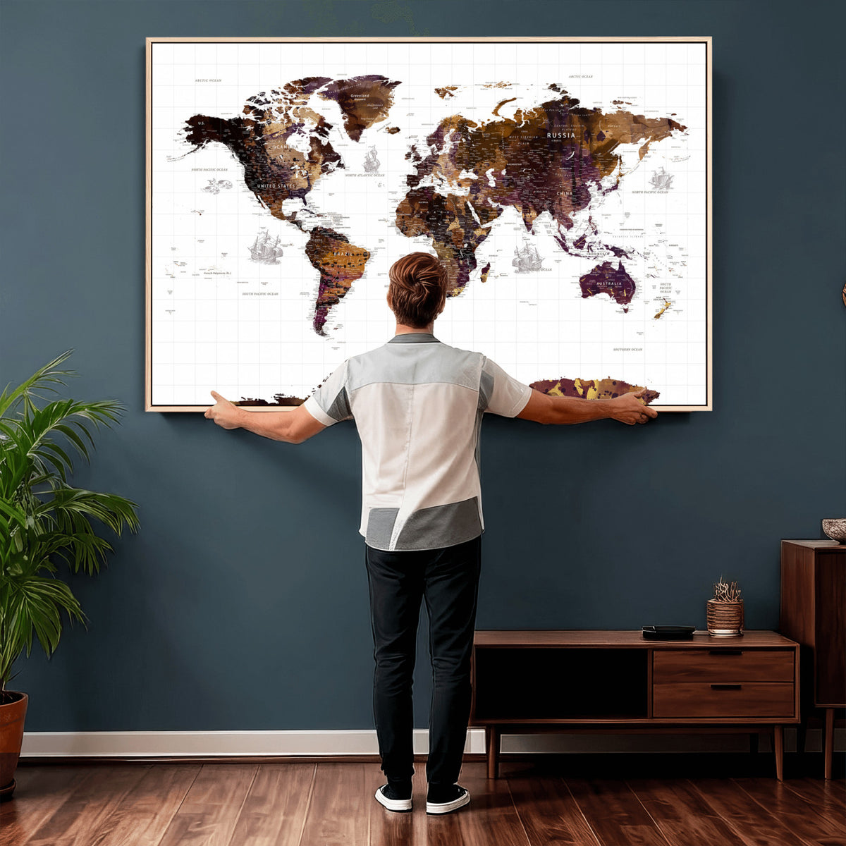 34792695-MGV-CV-36X24 - Rustic World Map Wall Art Canvas Print | Large Vintage Blue World Map on Wood Grain Style Background