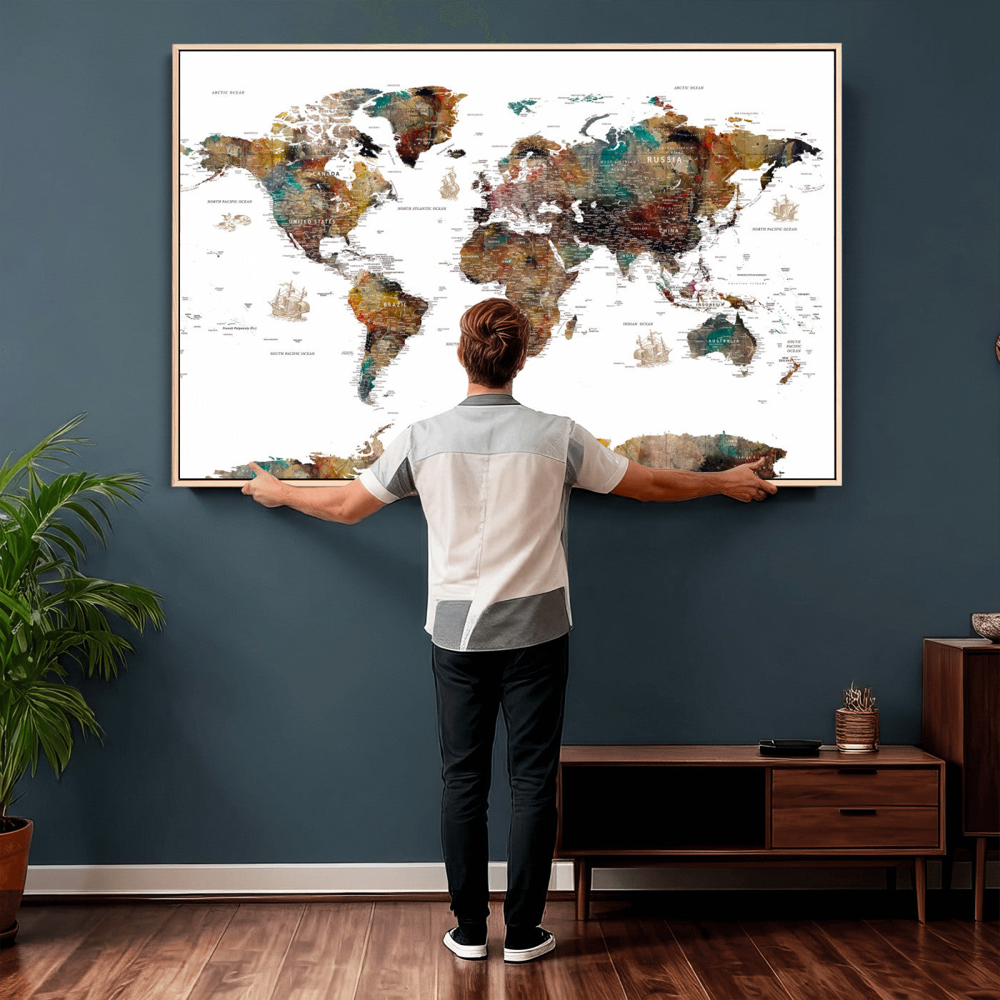 82293175-MGV-CV-36X24 - World Map Wall Art Canvas Print, Modern Decorative Framed Map Artwork Prints for Living Room, Office, Bedroom Wall Decor