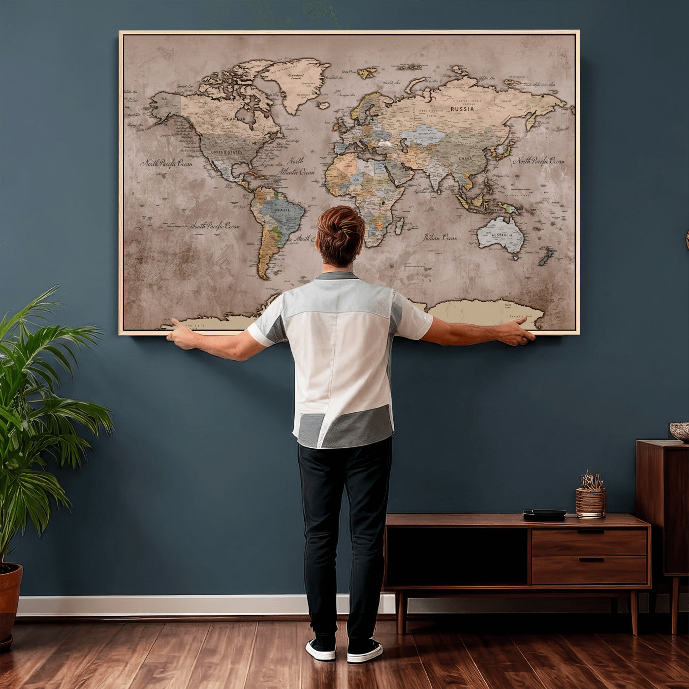 91471273-MGV-CV-36X24 - World Map Wall Art Canvas Print, Modern Decorative Framed Map Artwork Prints for Living Room, Office, Bedroom Wall Decor